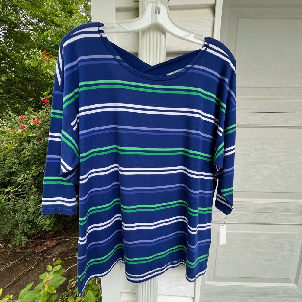 NWT T By Talbots Fun Royal Blue Green White Blue Stripe Fun Back Top